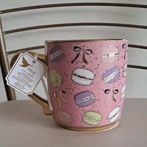 New!Pastel Pink Macaron Bows Ceramic Mug with Gold Handle